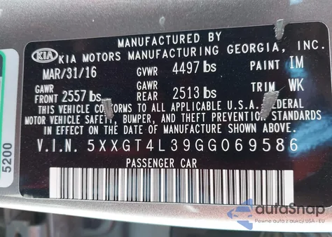 2016 Kia Optima Lx z USA, uszkodzony, nr VIN 5XXGT4L39GG069586